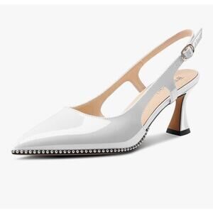 TNYNFBEB Womens Kitten Heel Pumps White Patent Leather Beads Sling back Prom 11
